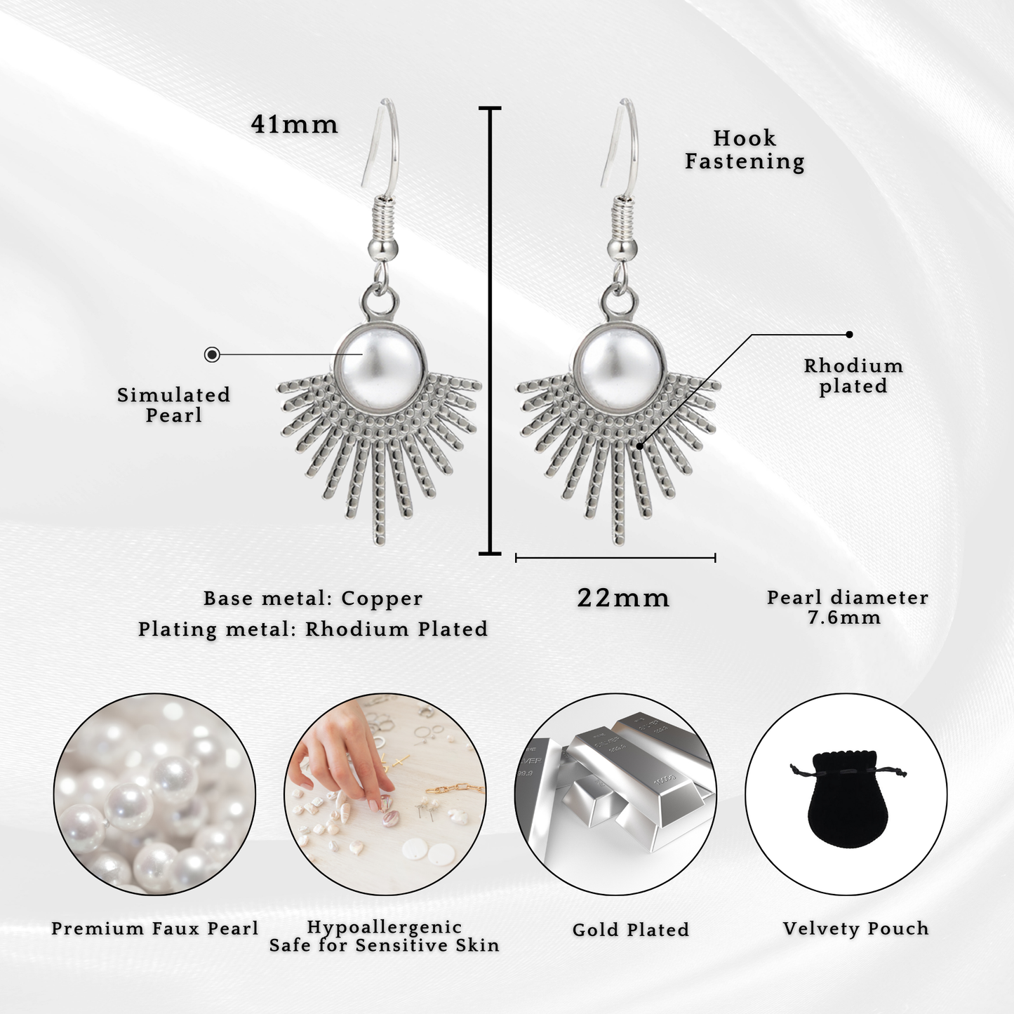 Women Evil Eye Flower Pearl Fan Heart Shape Hook Earrings in Silver Tone