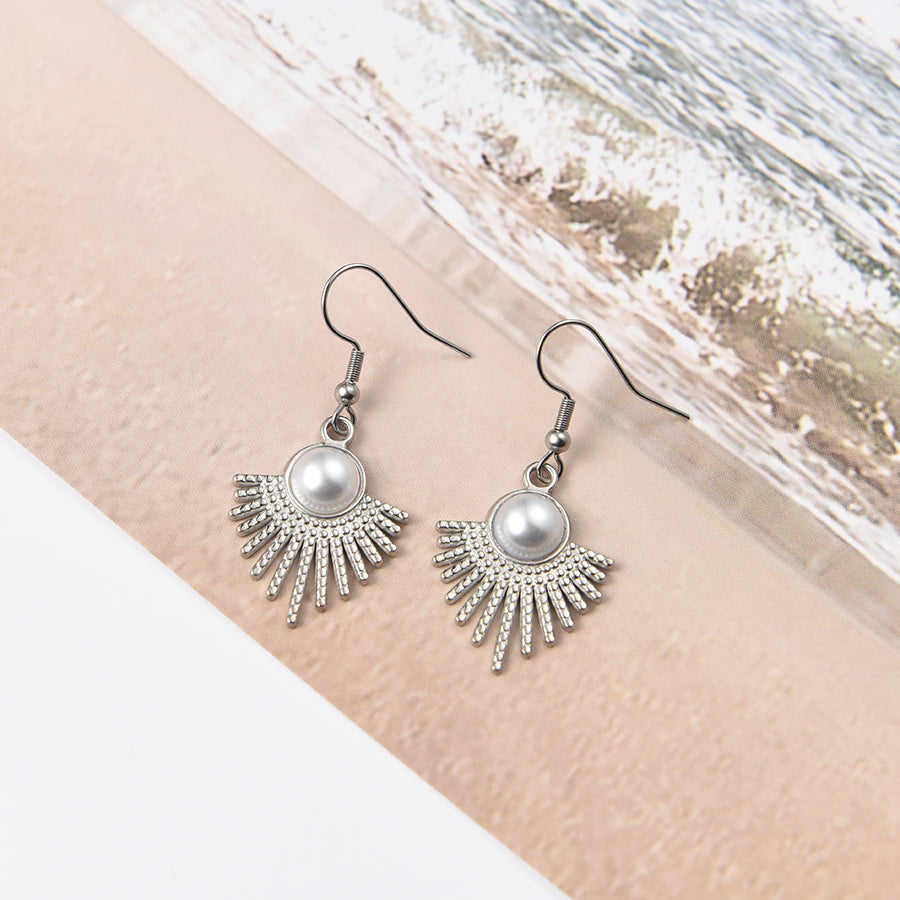 Women Round Faux Pearl Fan Shape Hook Earrings in Silver Tone