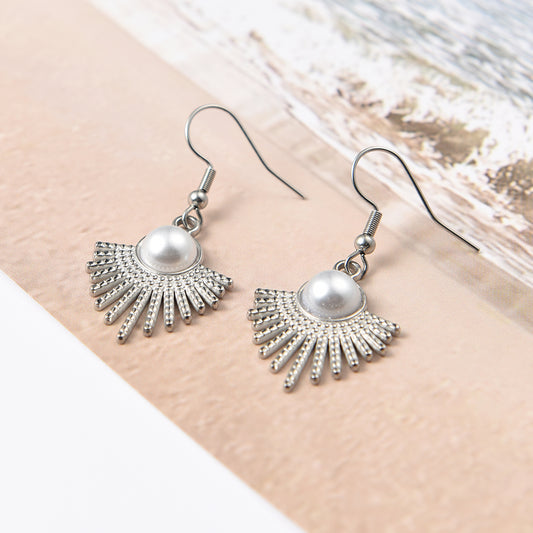 Women Round Faux Pearl Fan Shape Hook Earrings in Silver Tone