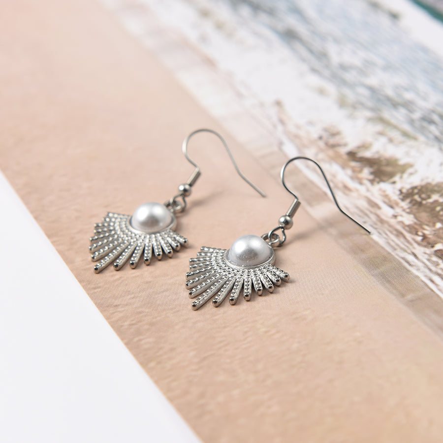 Women Round Faux Pearl Fan Shape Hook Earrings in Silver Tone