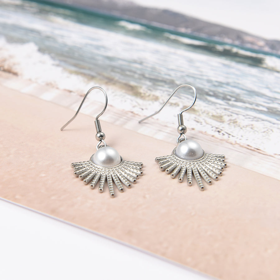 Women Round Faux Pearl Fan Shape Hook Earrings in Silver Tone