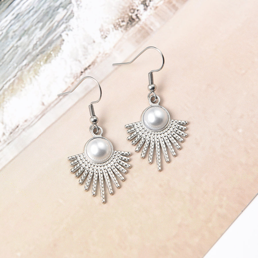Women Round Faux Pearl Fan Shape Hook Earrings in Silver Tone