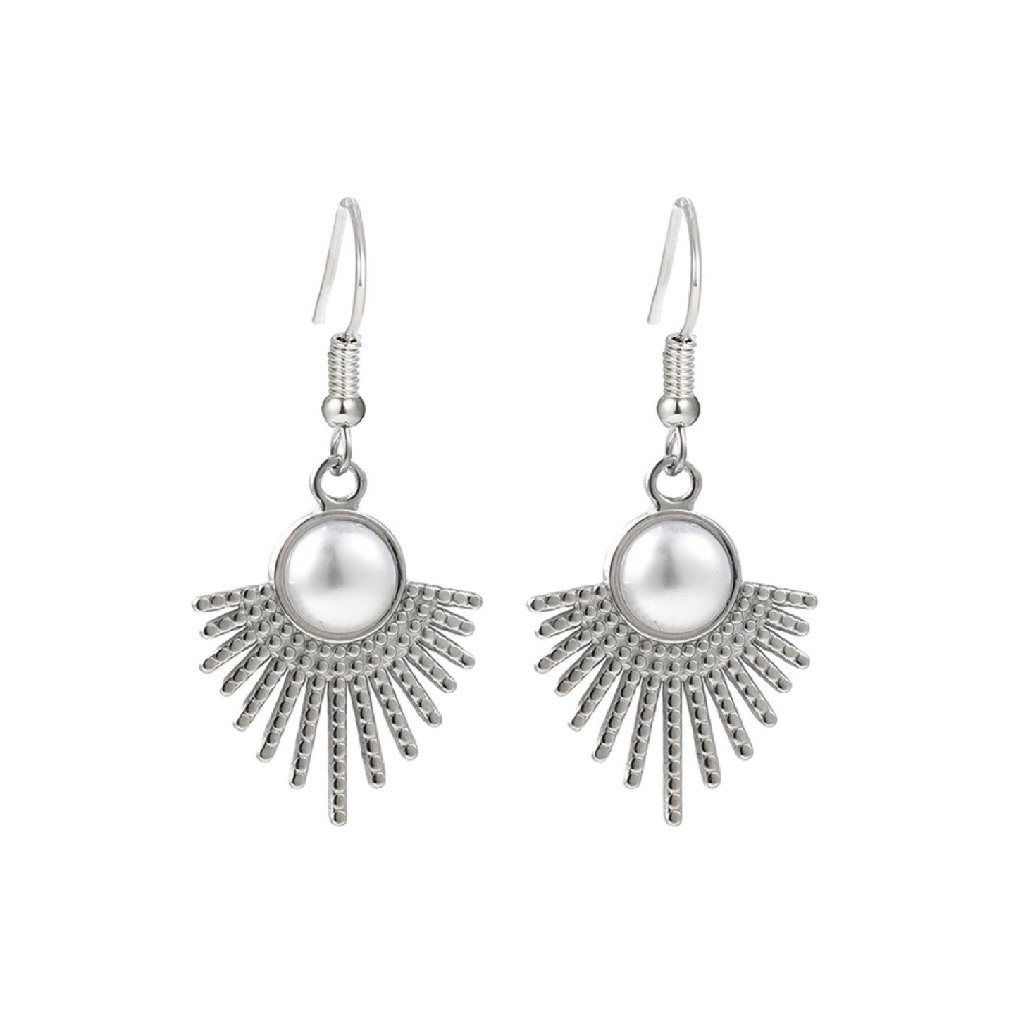 Women Round Faux Pearl Fan Shape Hook Earrings in Silver Tone