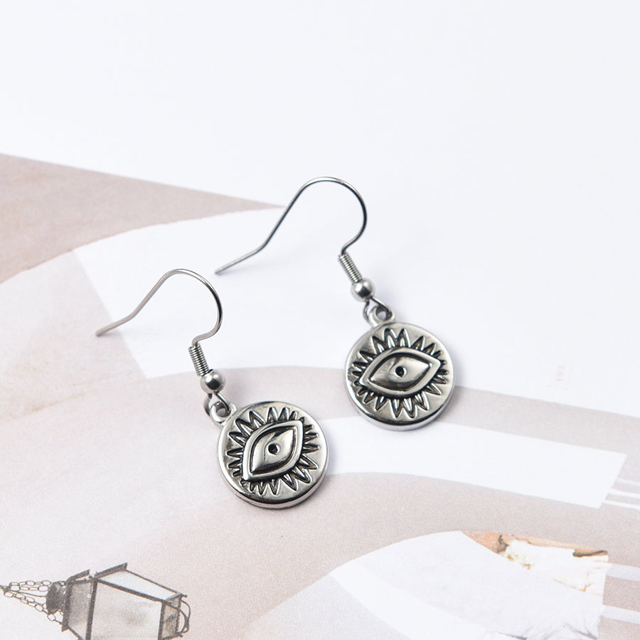 Women Evil Eye Dangle Hook Earrings in Silver Tone