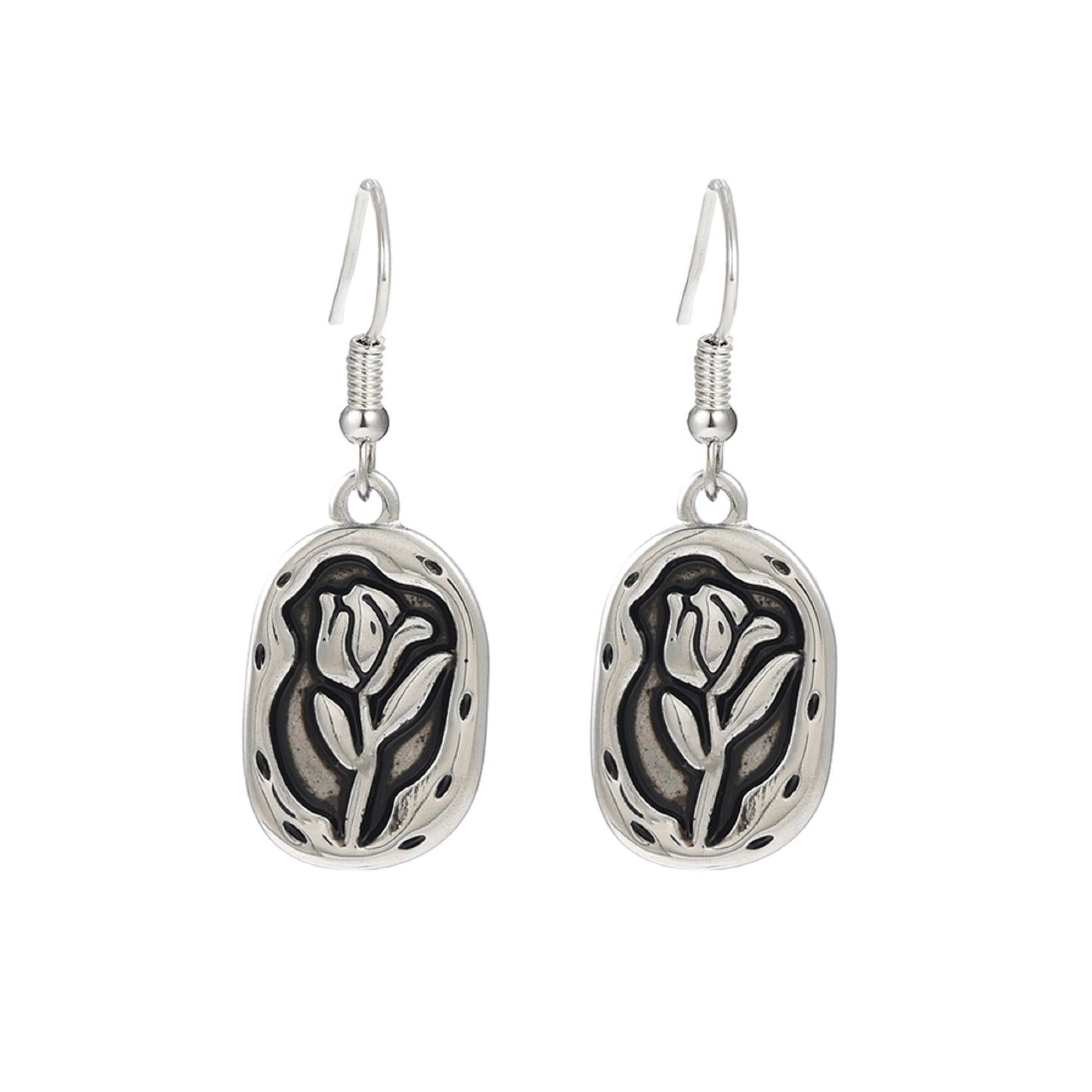Women Rose Flower Hook Earrings in Silver Tone
