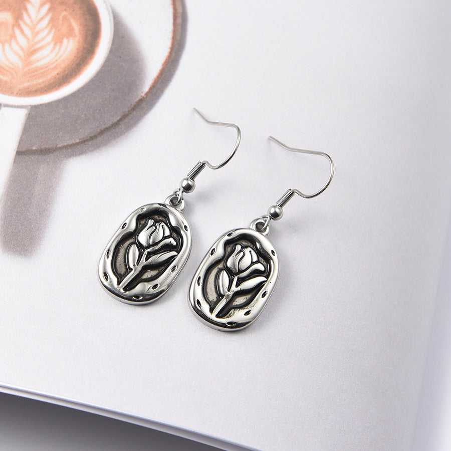 Women Rose Flower Hook Earrings in Silver Tone