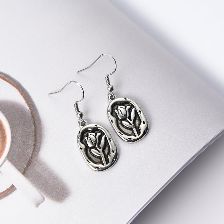 Women Rose Flower Hook Earrings in Silver Tone