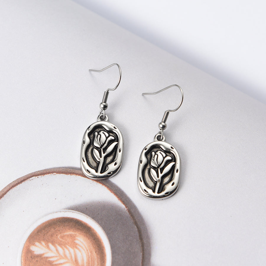 Women Rose Flower Hook Earrings in Silver Tone