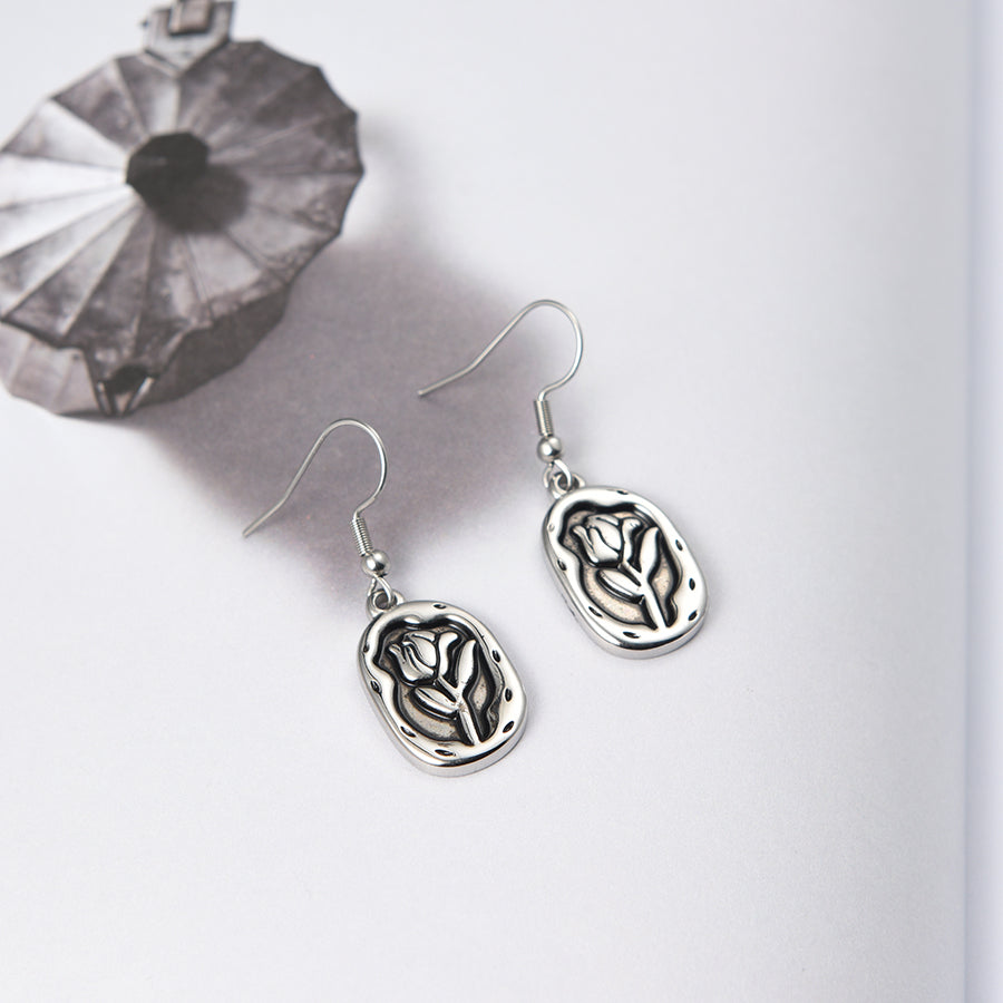 Women Rose Flower Hook Earrings in Silver Tone