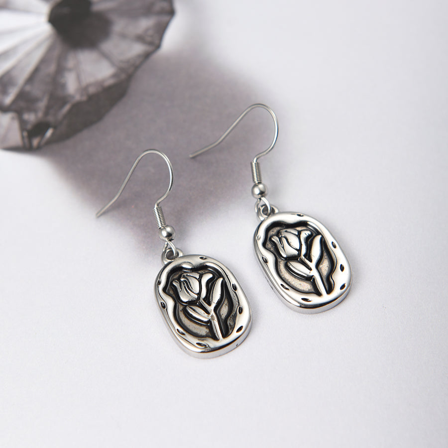 Women Rose Flower Hook Earrings in Silver Tone