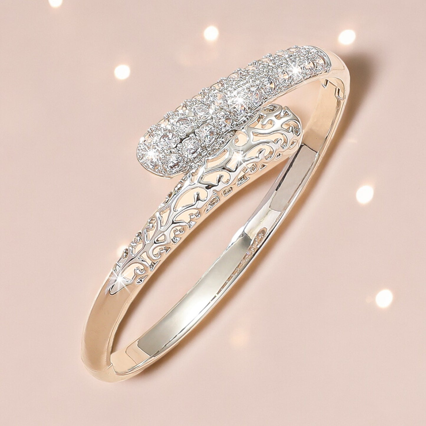 Women Tree Pattern Crystal Bangle in Silver Tone