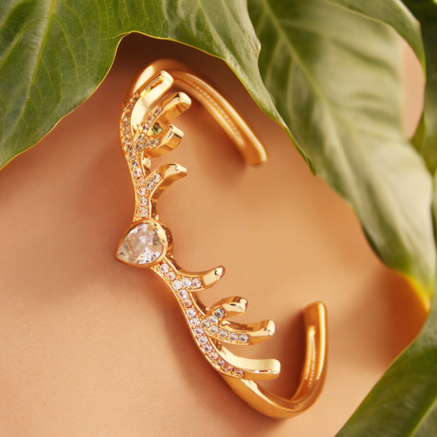Women Sparkly Crystal Deer Antler Bangle in Gold Tone