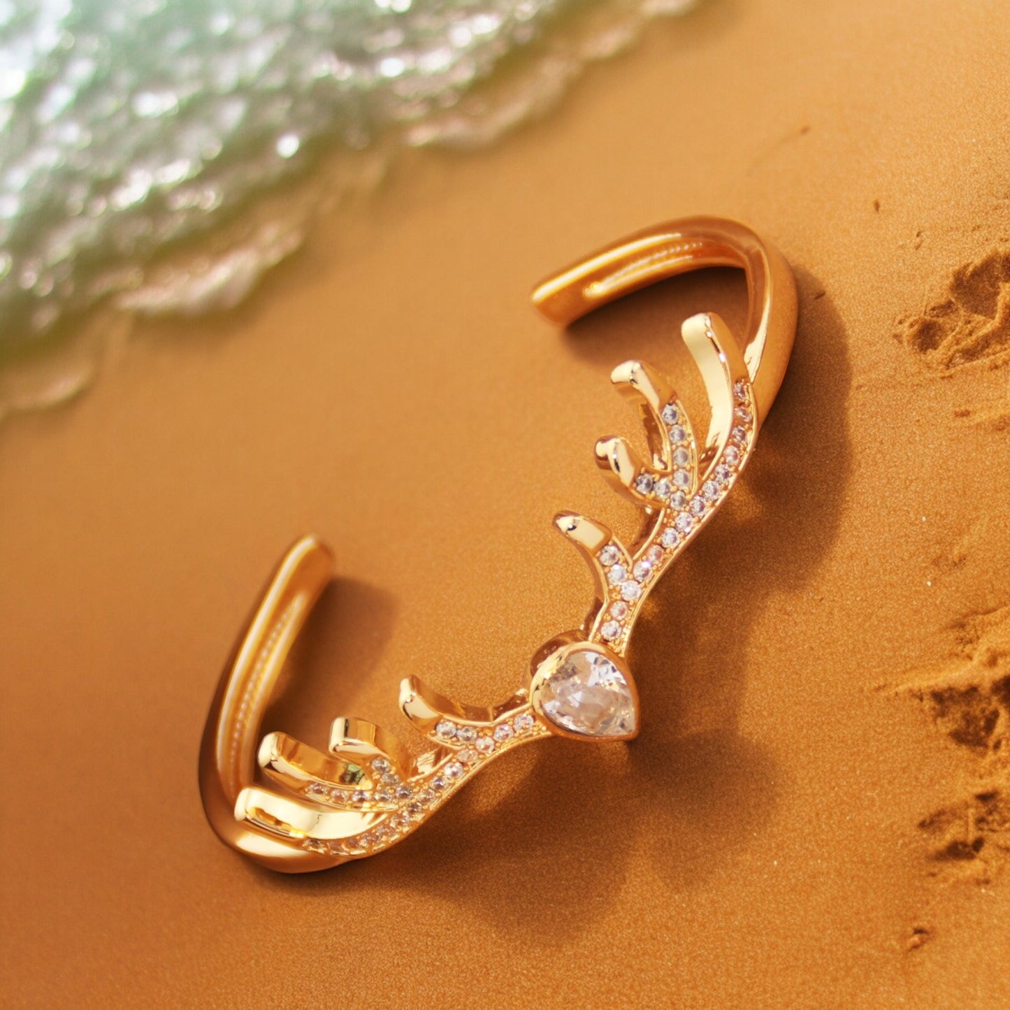 Women Sparkly Crystal Deer Antler Bangle in Gold Tone