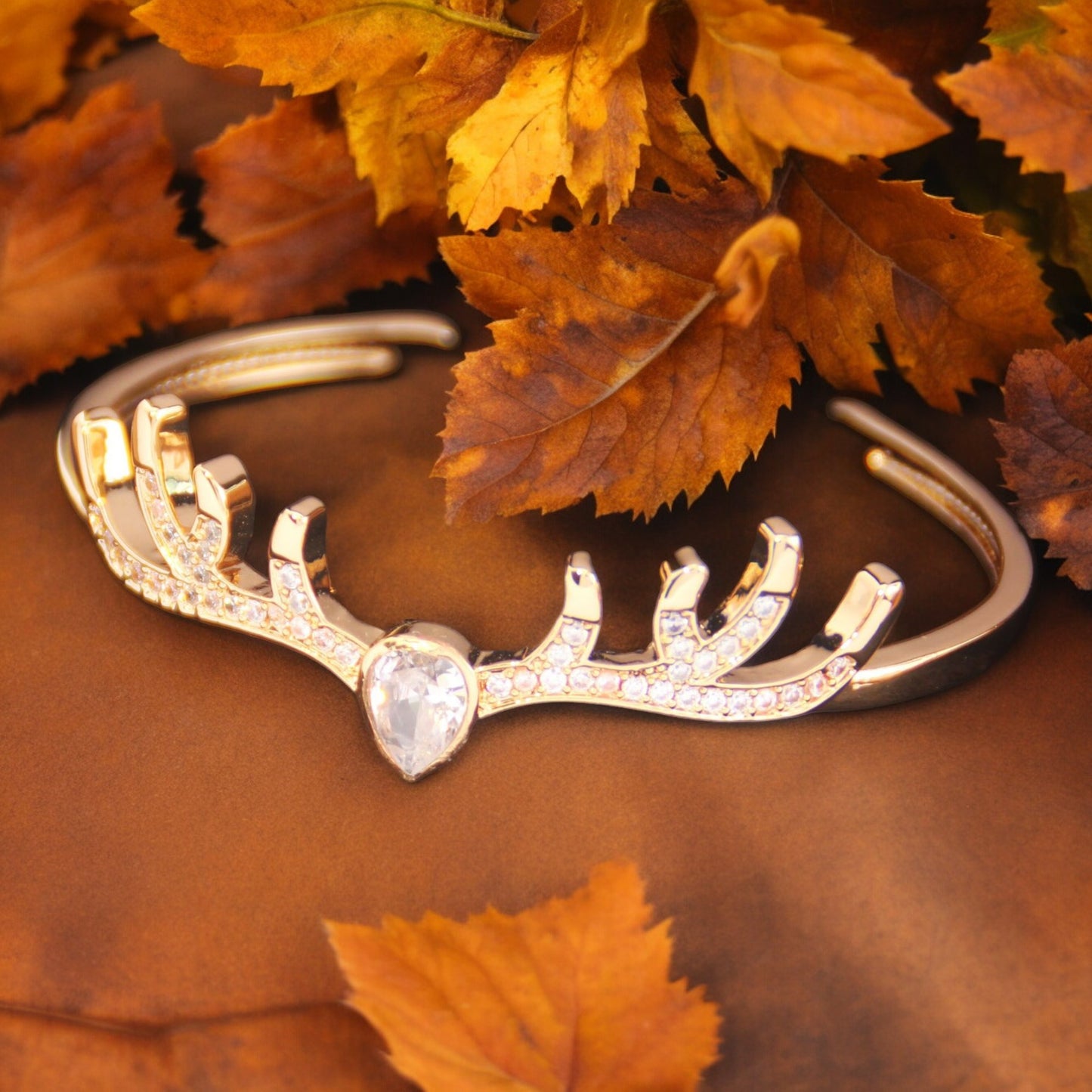 Women Sparkly Crystal Deer Antler Bangle in Gold Tone