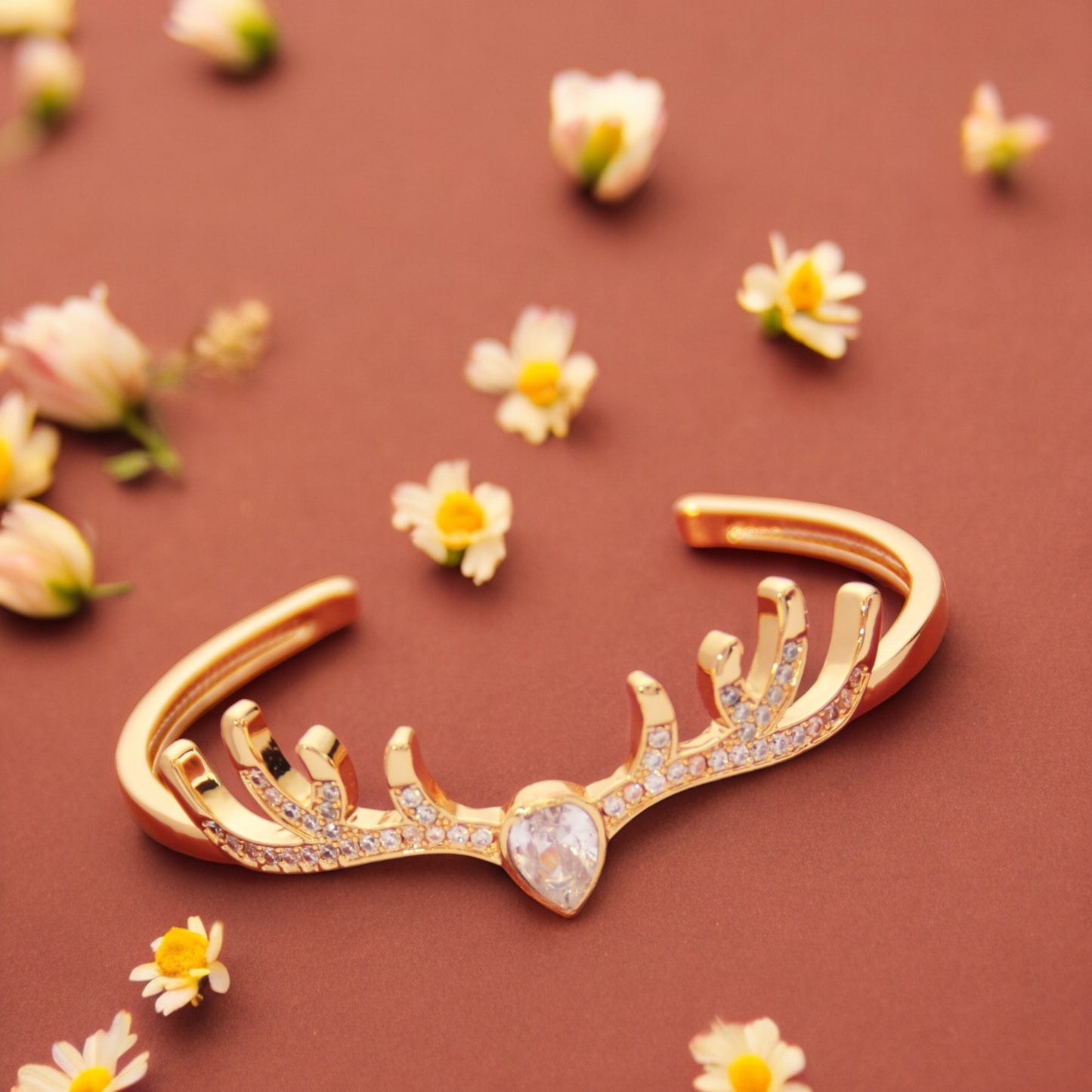 Women Sparkly Crystal Deer Antler Bangle in Gold Tone