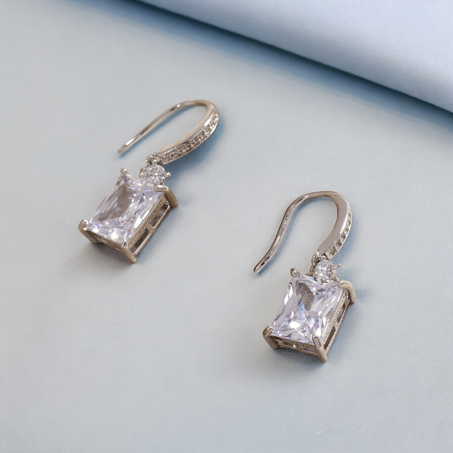 Women Rectangle Crystal Drop Hook Earrings in Silver Tone