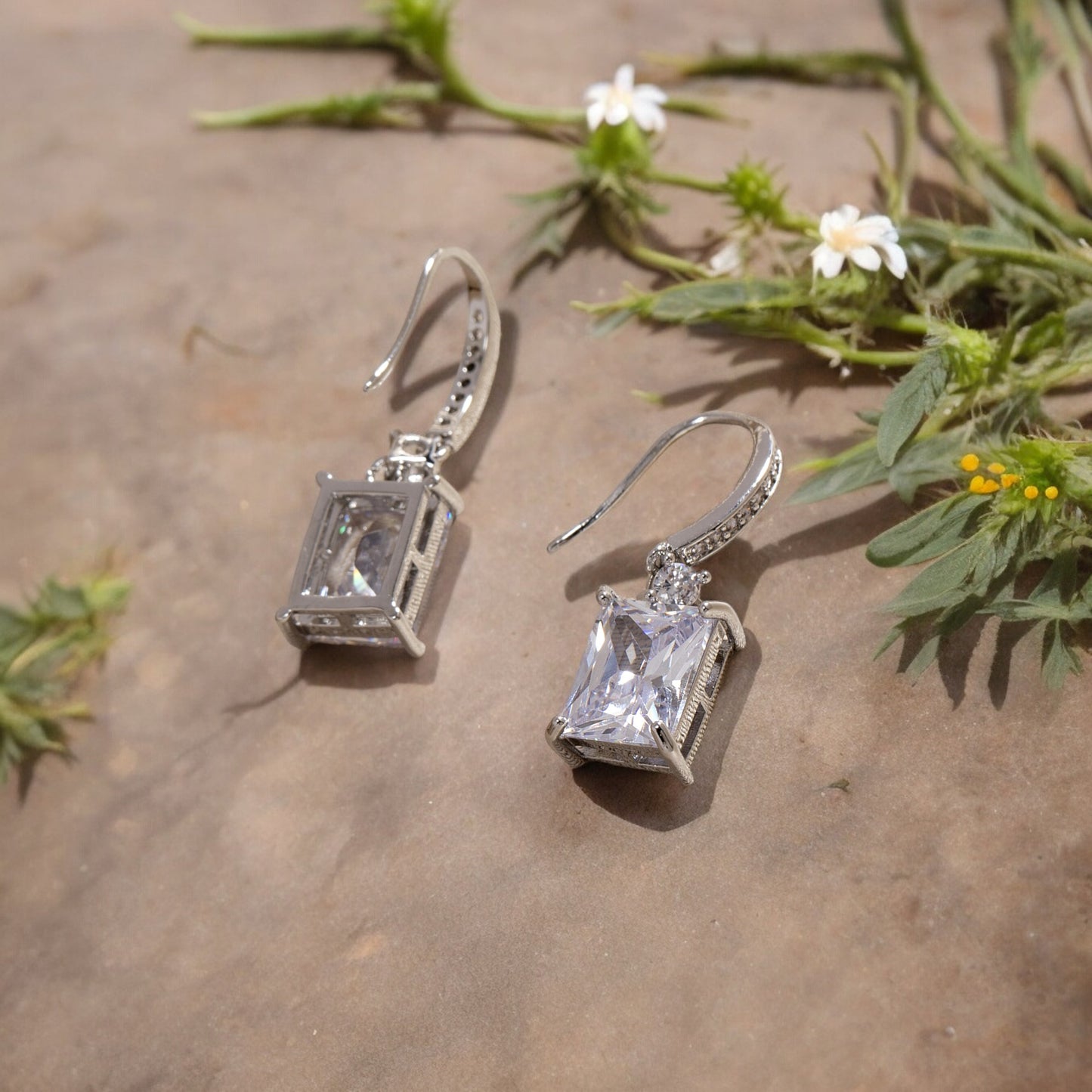 Women Rectangle Crystal Drop Hook Earrings in Silver Tone