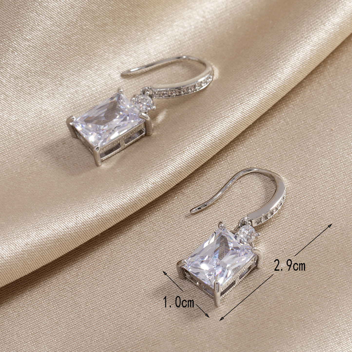 Women Rectangle Crystal Drop Hook Earrings in Silver Tone