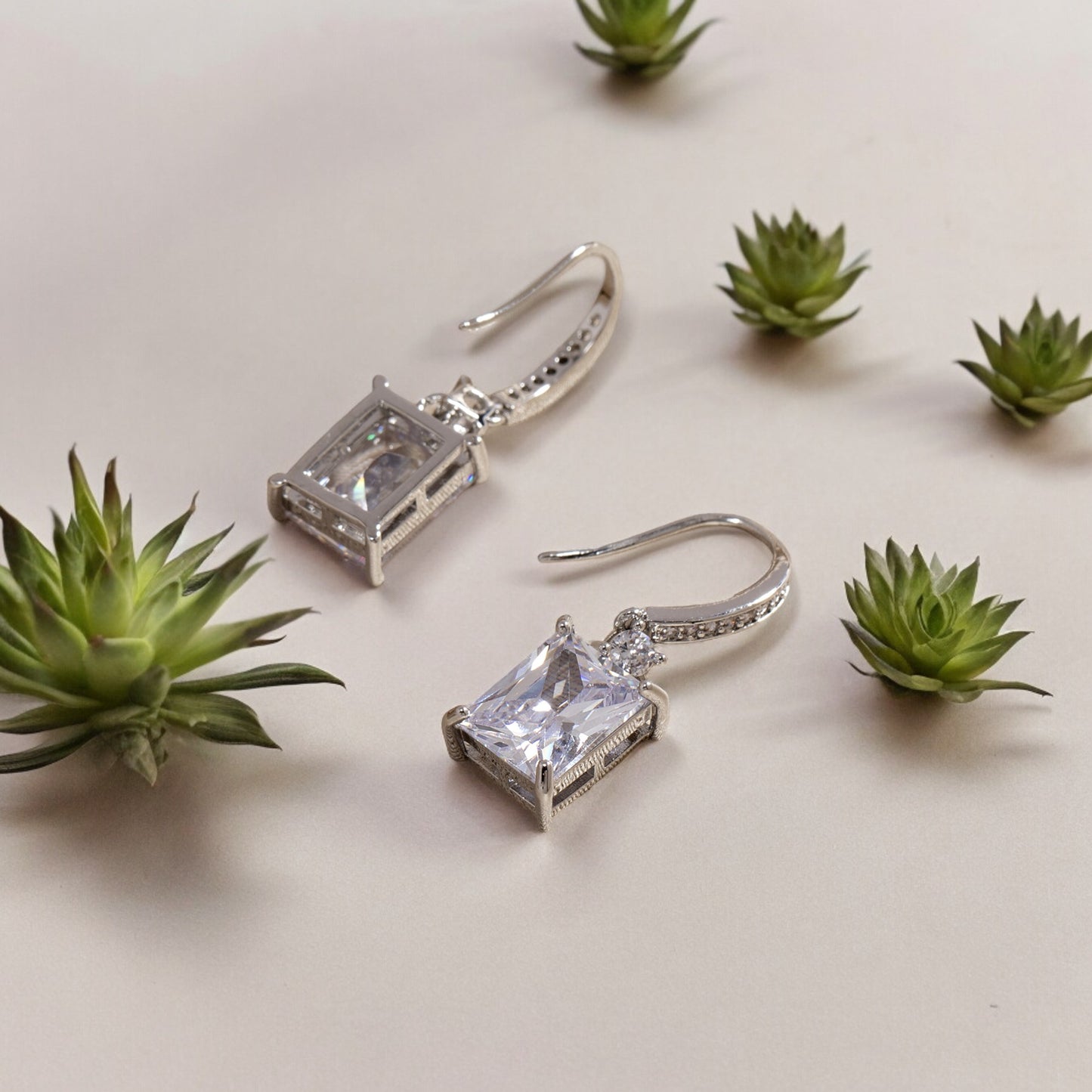 Women Rectangle Crystal Drop Hook Earrings in Silver Tone