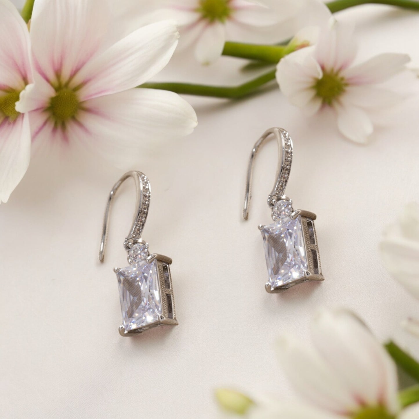 Women Rectangle Crystal Drop Hook Earrings in Silver Tone