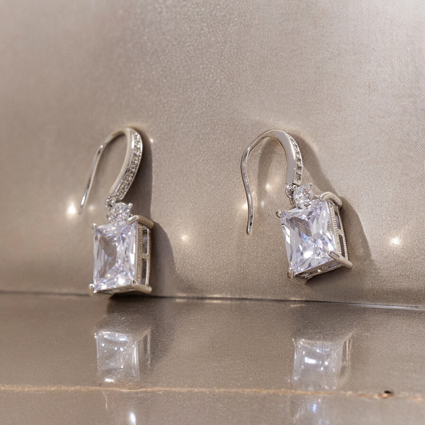 Women Rectangle Crystal Drop Hook Earrings in Silver Tone