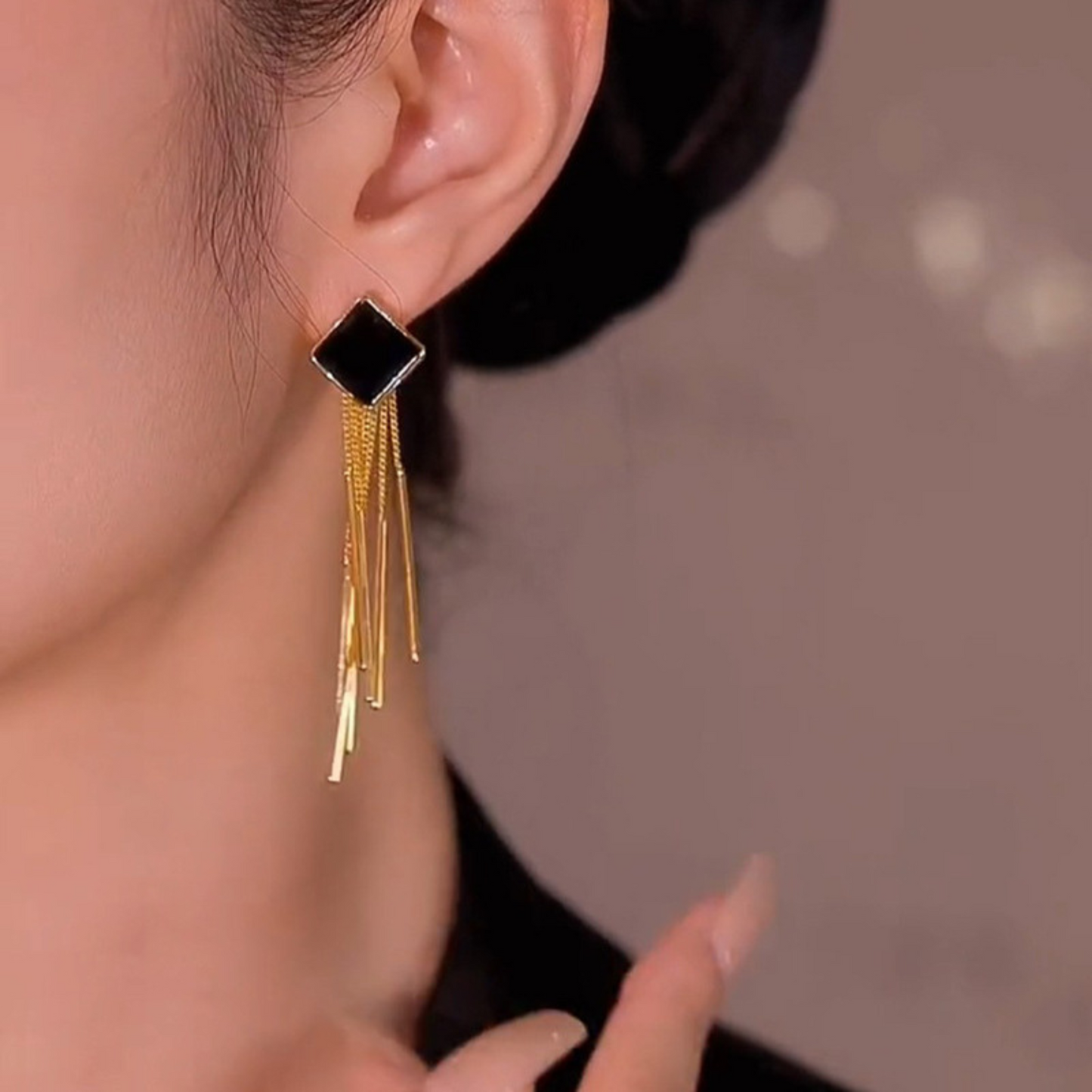 Fashion Black Diamond Long Tassel Drop Stud Earrings in Gold Tone