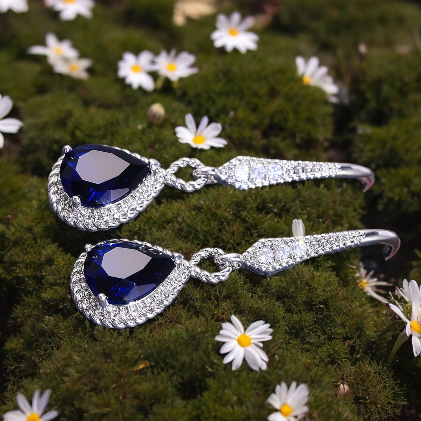 Beautiful Women Blue Sapphire Crystal Waterdrop Hook Earrings