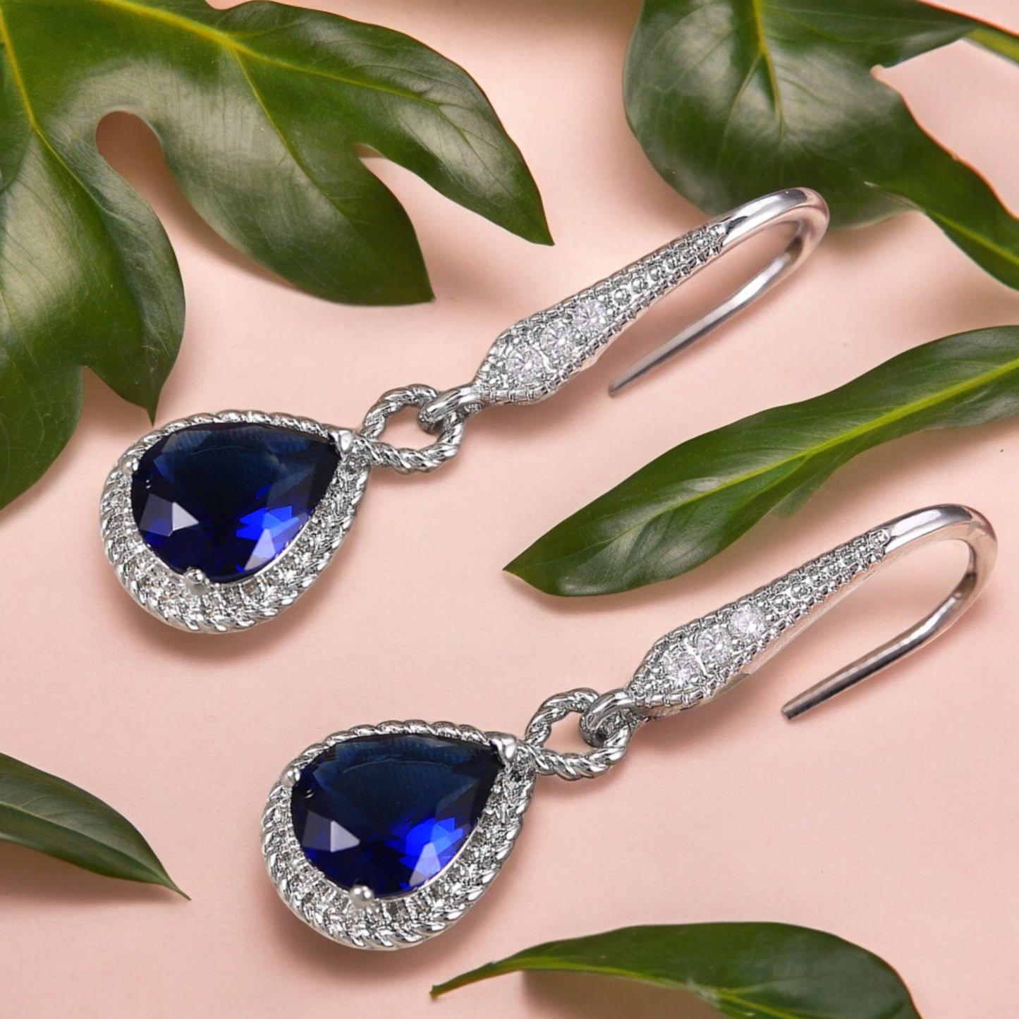 Beautiful Women Blue Sapphire Crystal Waterdrop Hook Earrings