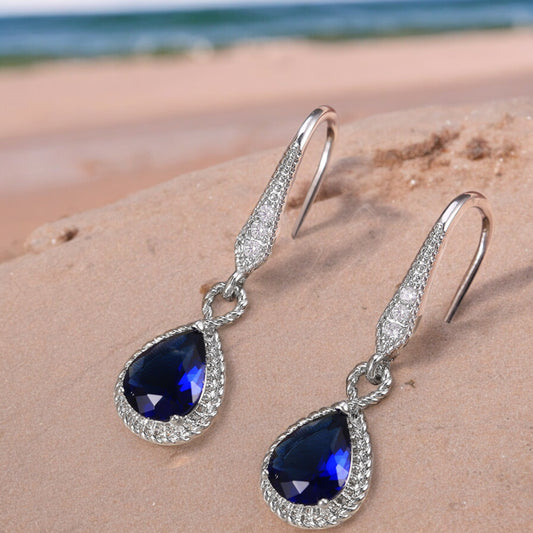 Beautiful Women Blue Sapphire Crystal Waterdrop Hook Earrings