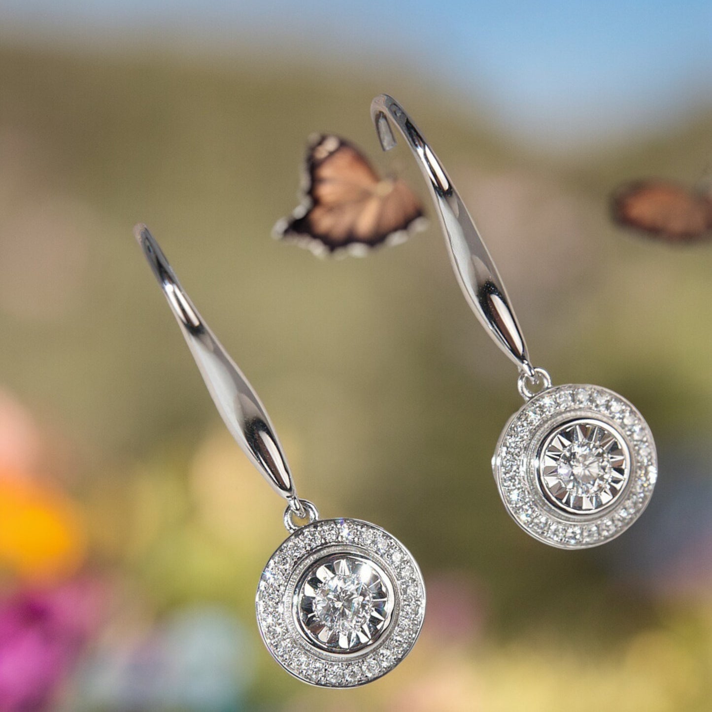 Sparkly Round Cubic Zirconia Silver Tone Hook Drop Earrings