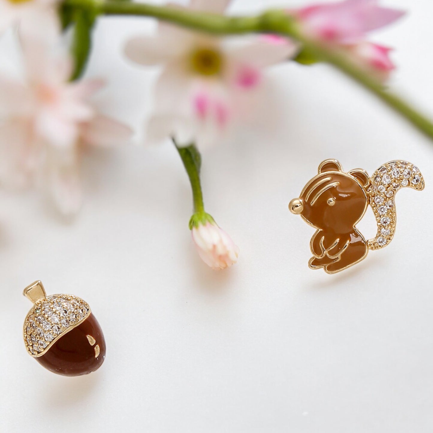 Sparkly Crystal Squirrel and Acorn Stud Earrings