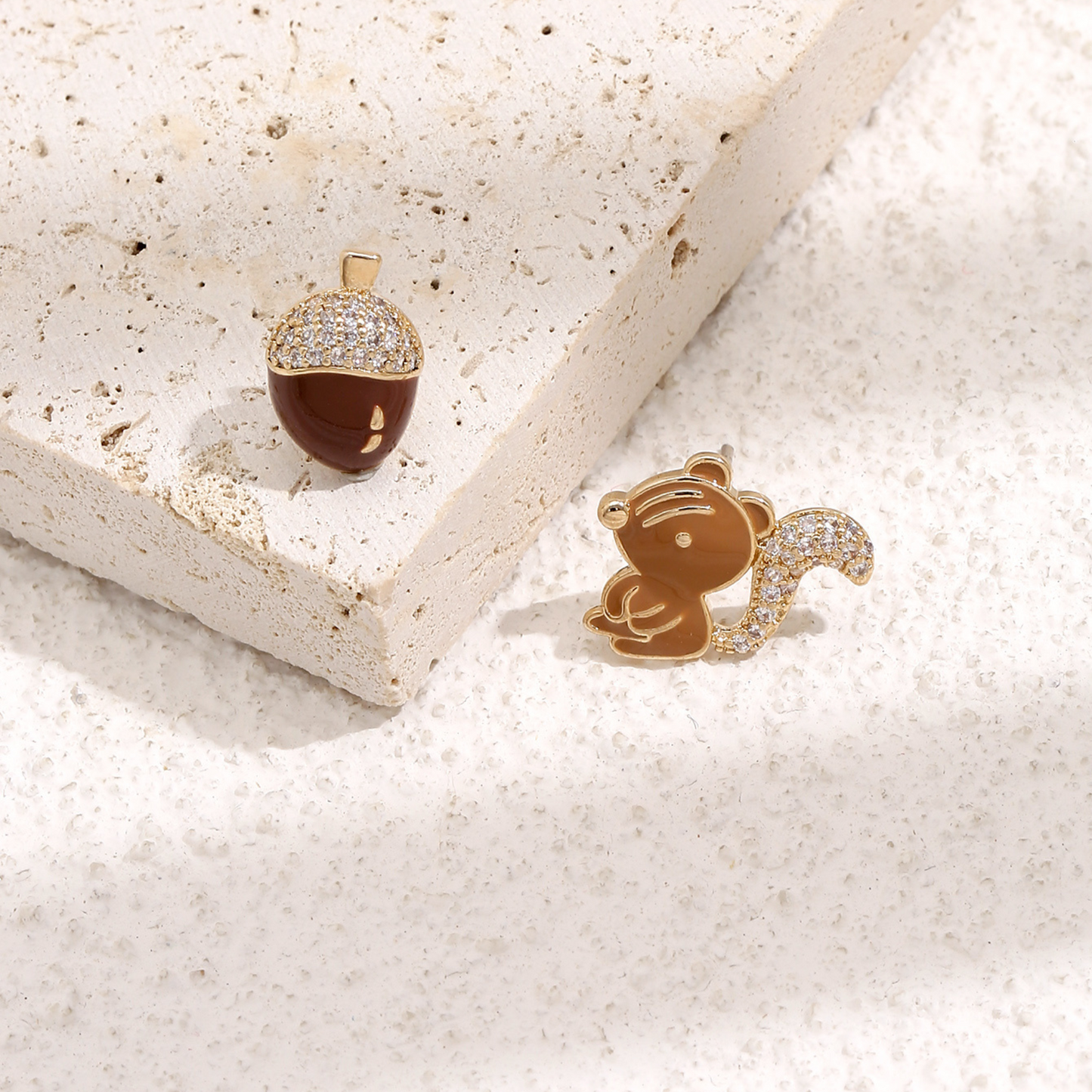 Sparkly Crystal Squirrel and Acorn Stud Earrings