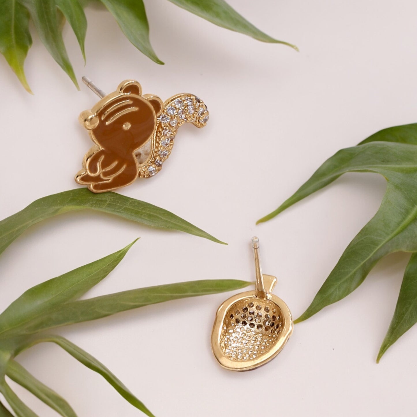 Sparkly Crystal Squirrel and Acorn Stud Earrings