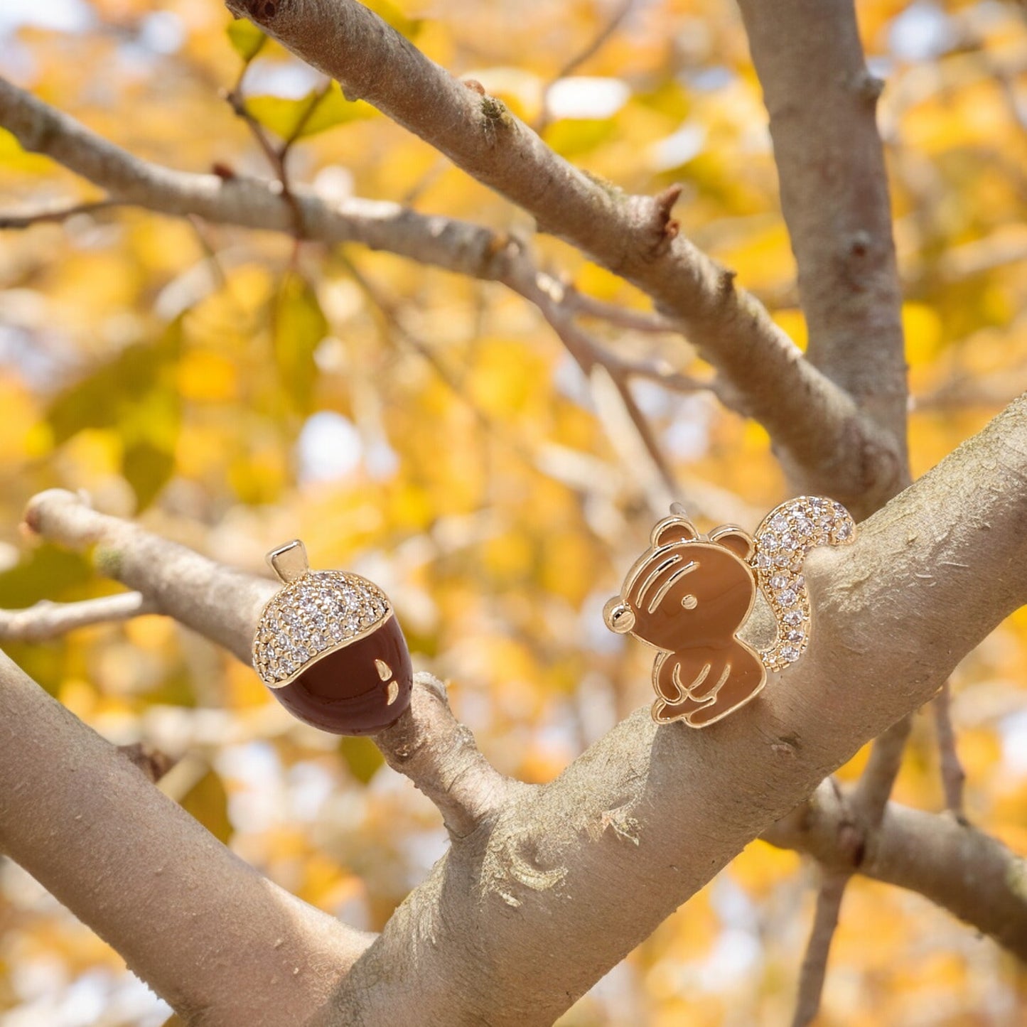Sparkly Crystal Squirrel and Acorn Stud Earrings