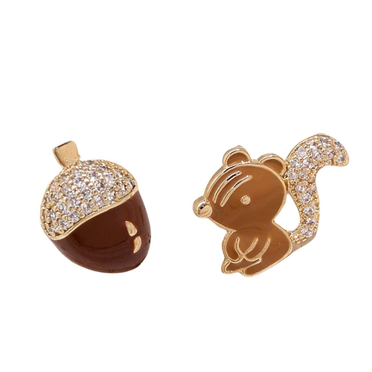 Sparkly Crystal Squirrel and Acorn Stud Earrings