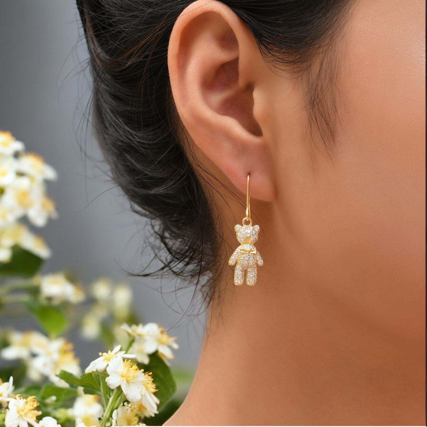 Crystal Bear Drop Dangle Earrings in Gold Tone