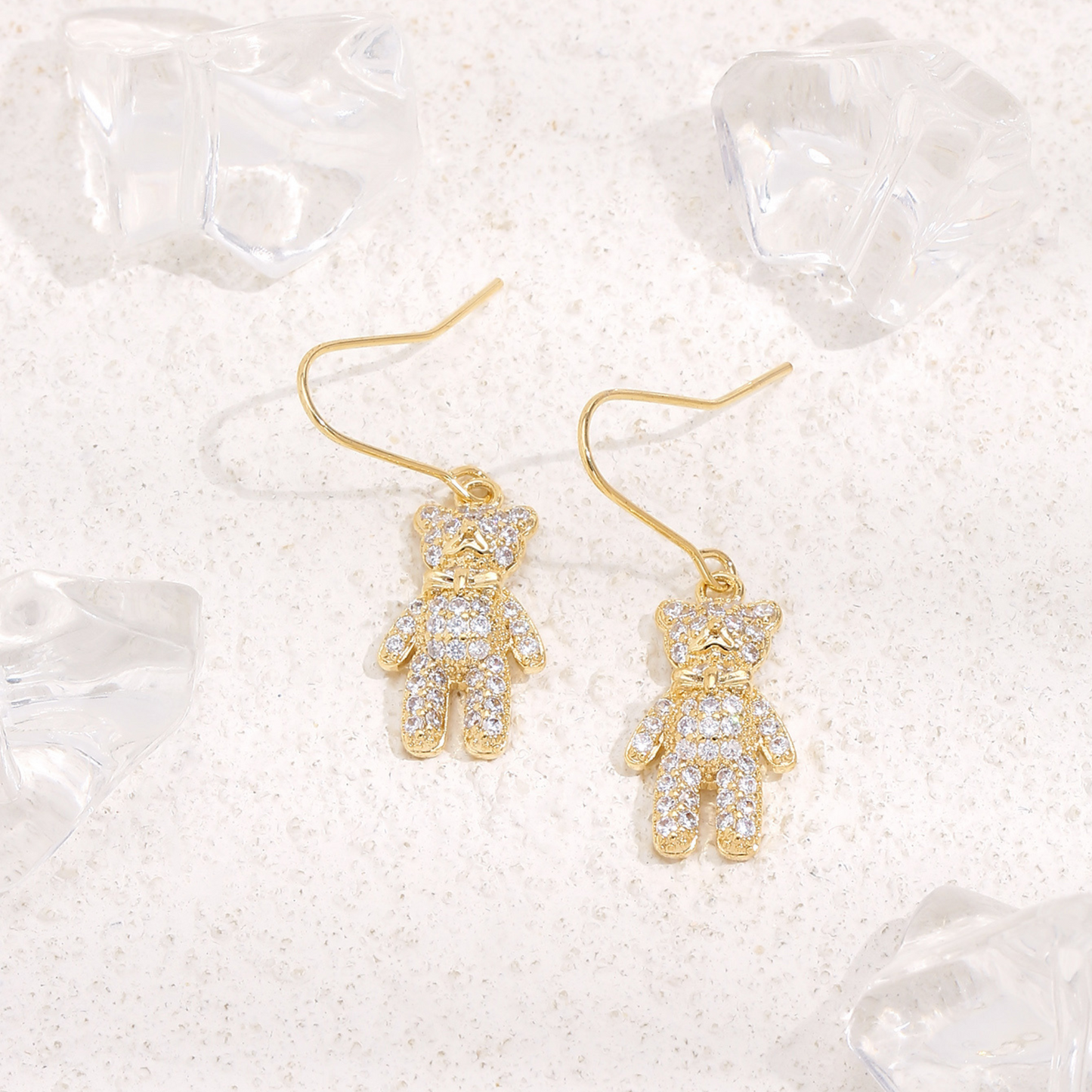 Crystal Bear Drop Dangle Earrings in Gold Tone