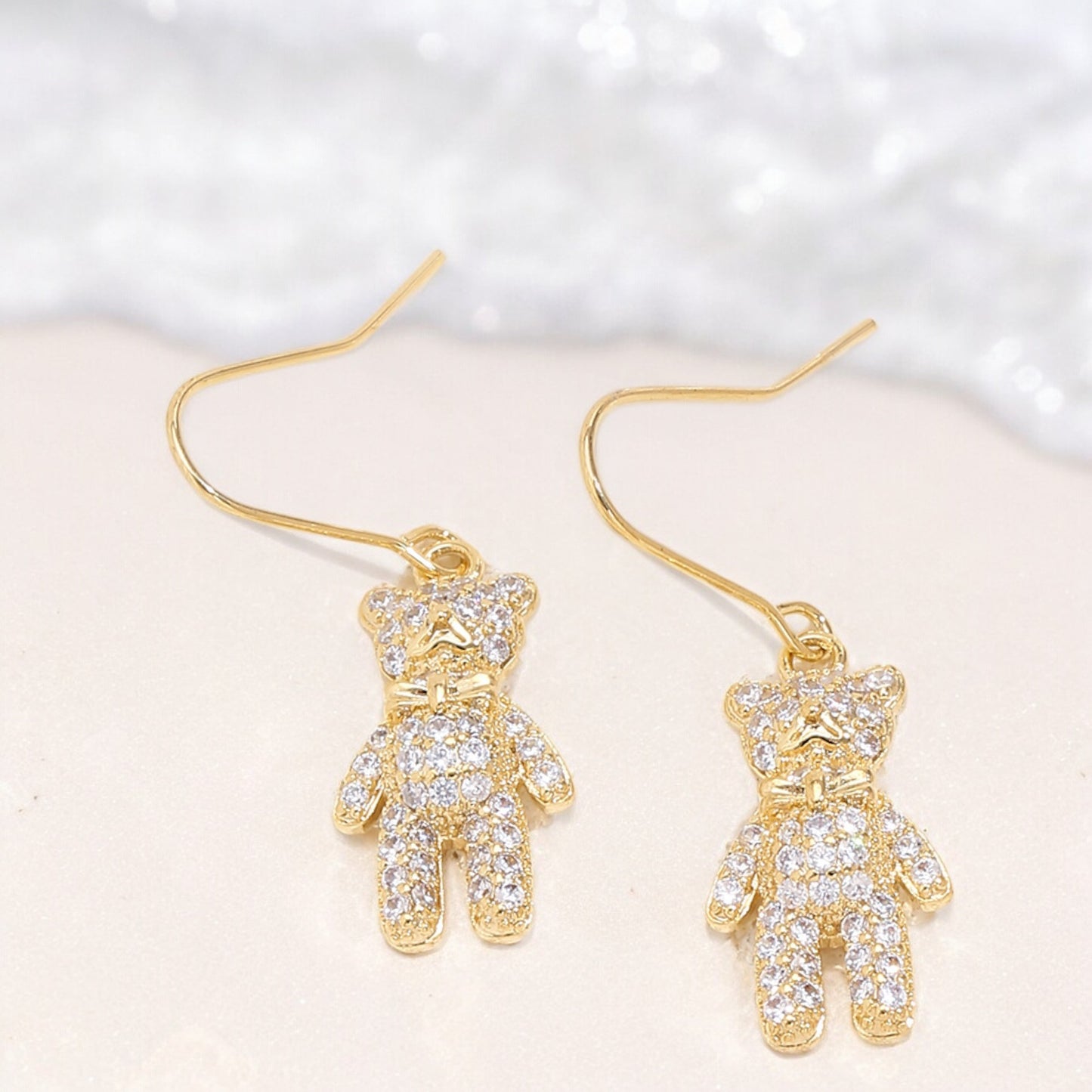 Crystal Bear Drop Dangle Earrings in Gold Tone