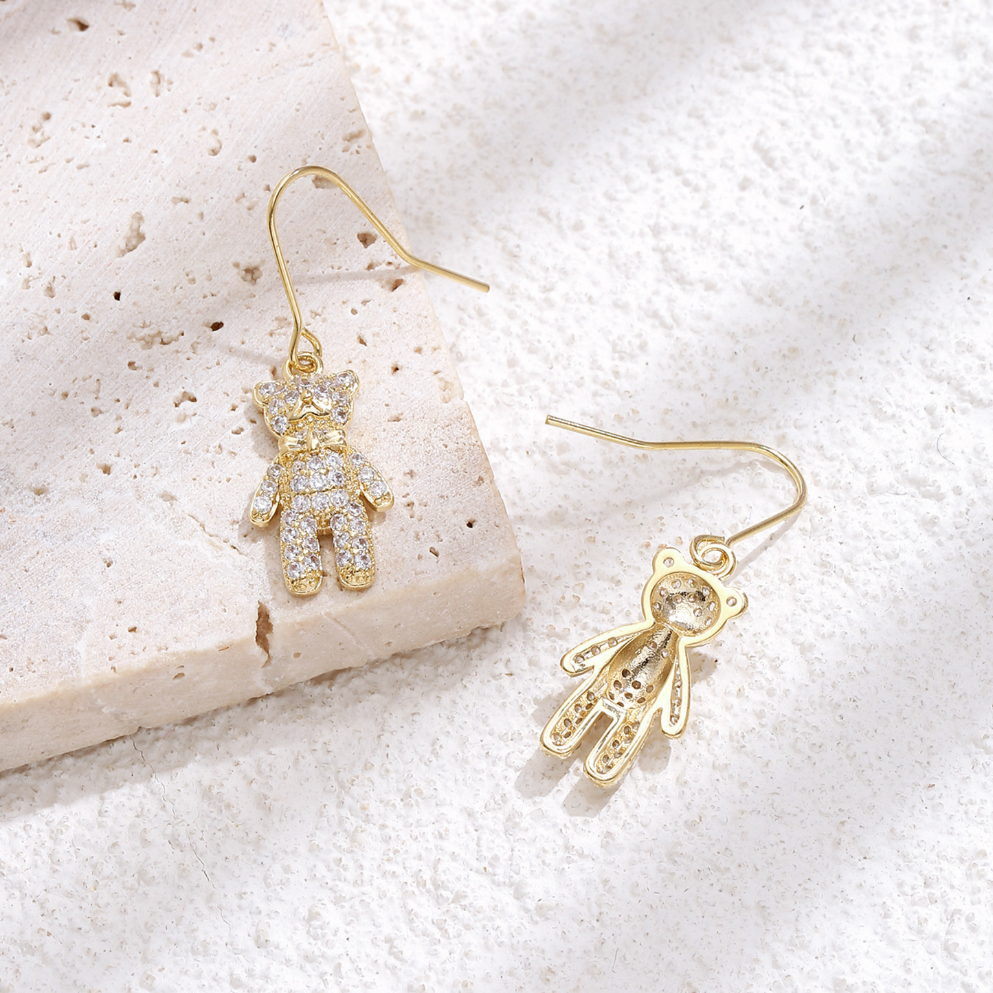 Crystal Bear Drop Dangle Earrings in Gold Tone