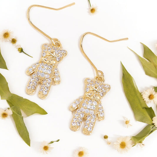 Crystal Bear Drop Dangle Earrings in Gold Tone
