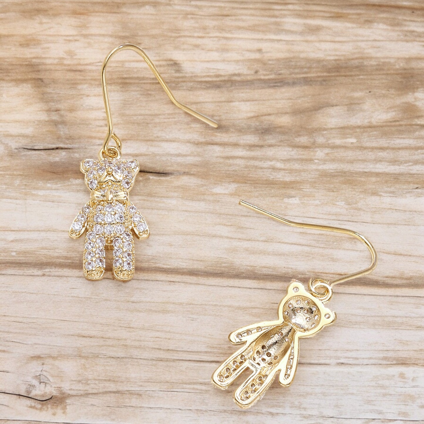 Crystal Bear Drop Dangle Earrings in Gold Tone