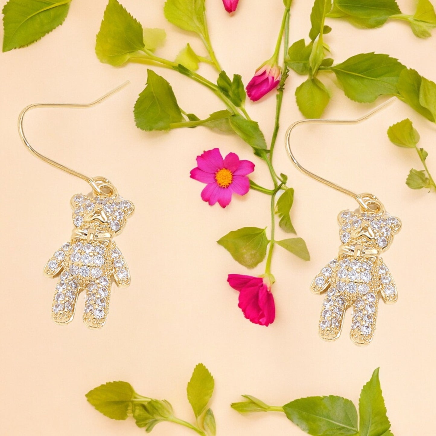 Crystal Bear Drop Dangle Earrings in Gold Tone