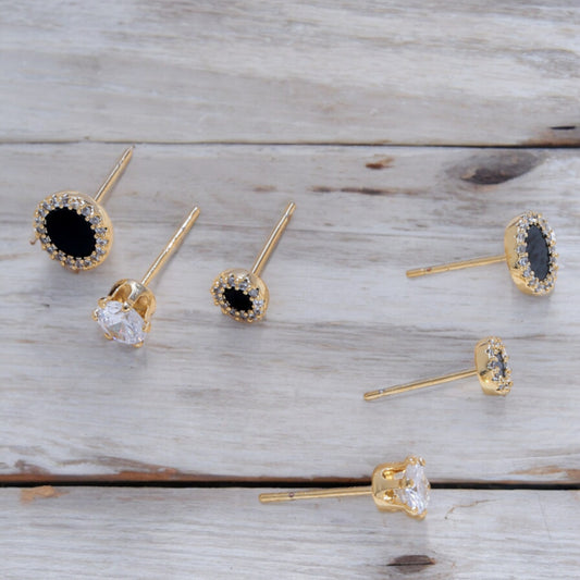 6pcs Beautiful Black and Crystal Round Stud Earrings Set