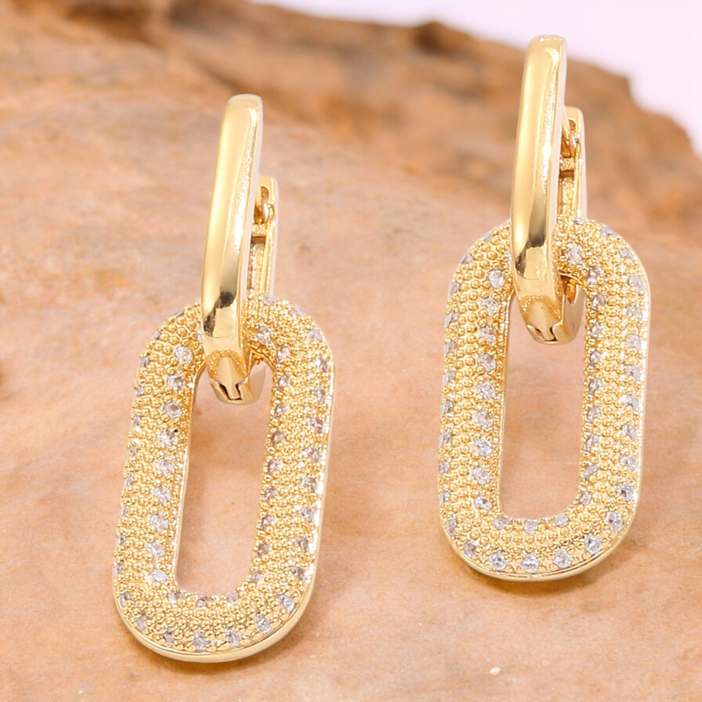 Sparkly Crystal Interlocking Chain Hoop Drop Earrings in Gold Tone