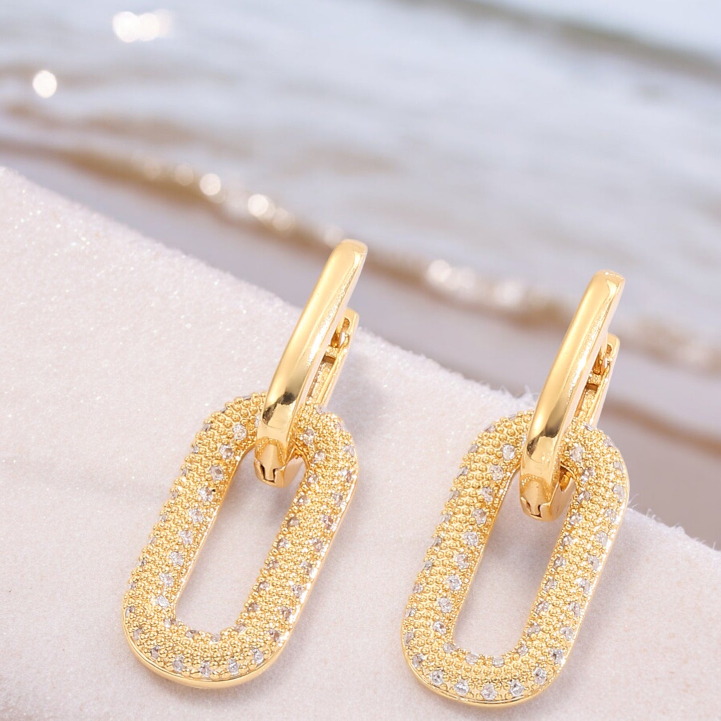 Sparkly Crystal Interlocking Chain Hoop Drop Earrings in Gold Tone