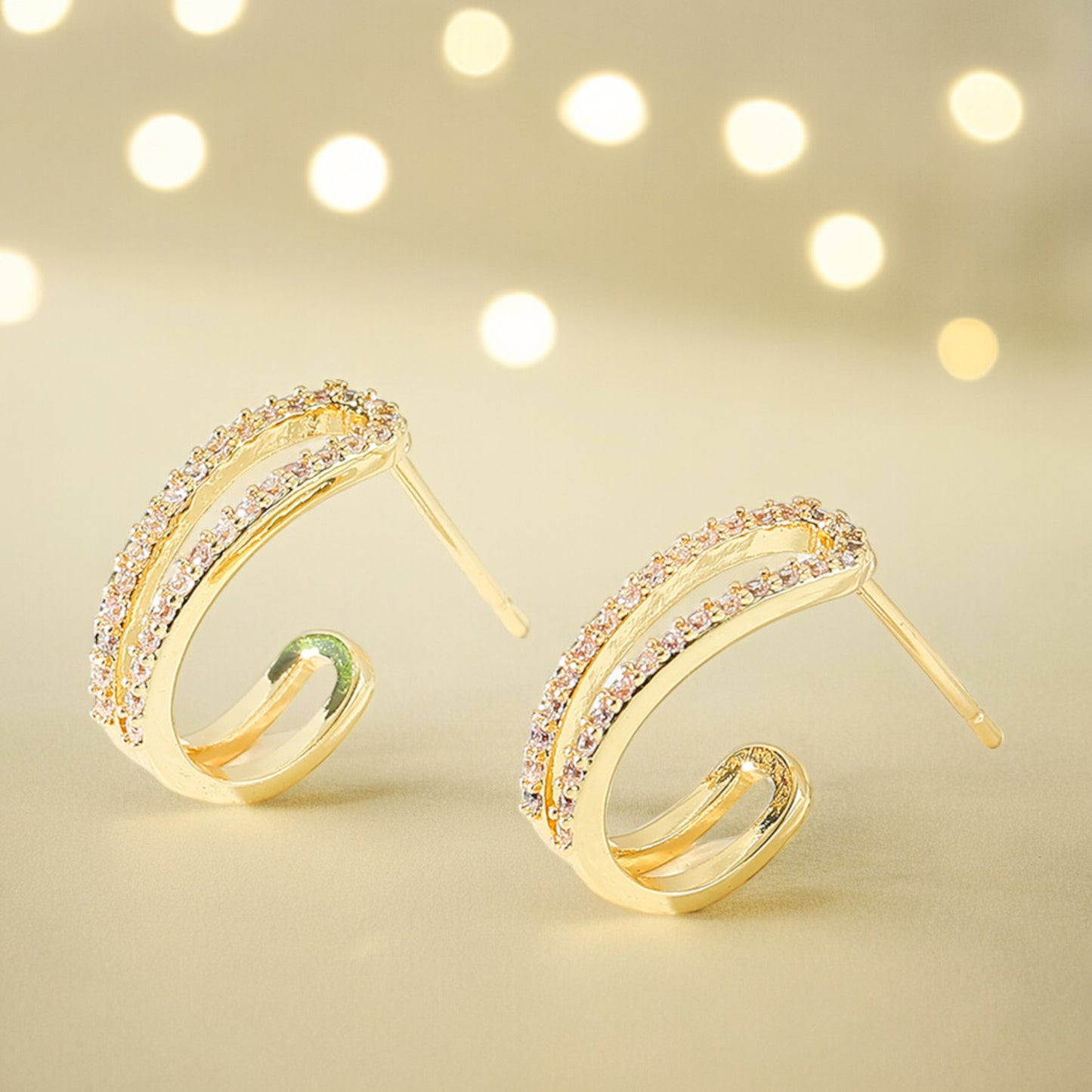 Double Crystal Band Stud Earring in Gold Tone