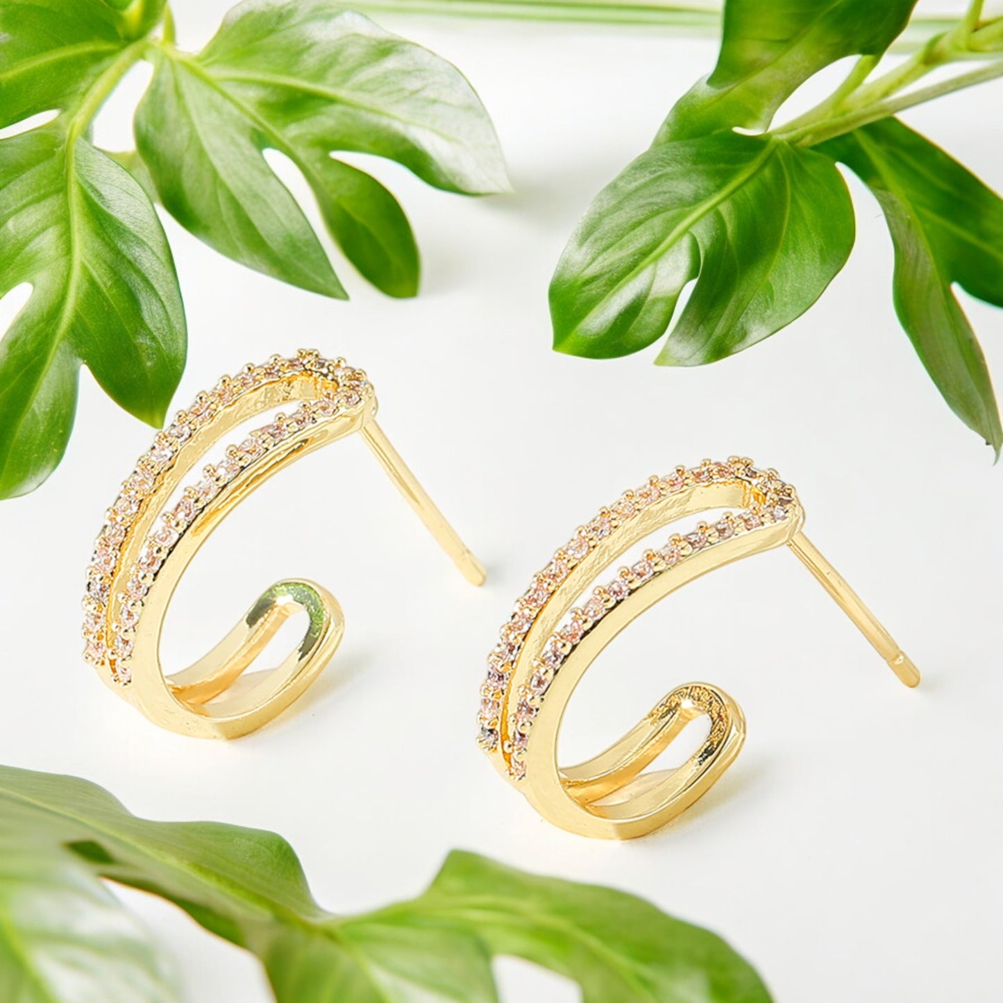 Double Crystal Band Stud Earring in Gold Tone