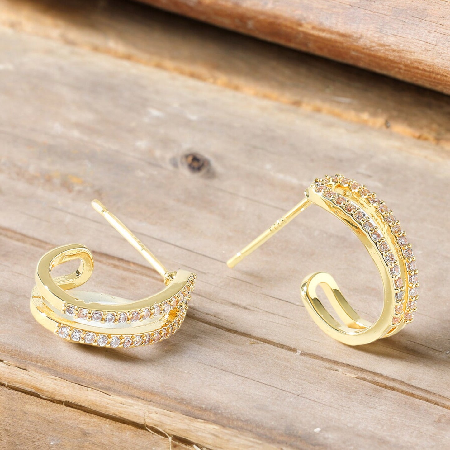 Double Crystal Band Stud Earring in Gold Tone