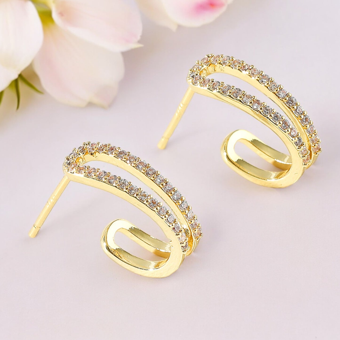 Double Crystal Band Stud Earring in Gold Tone