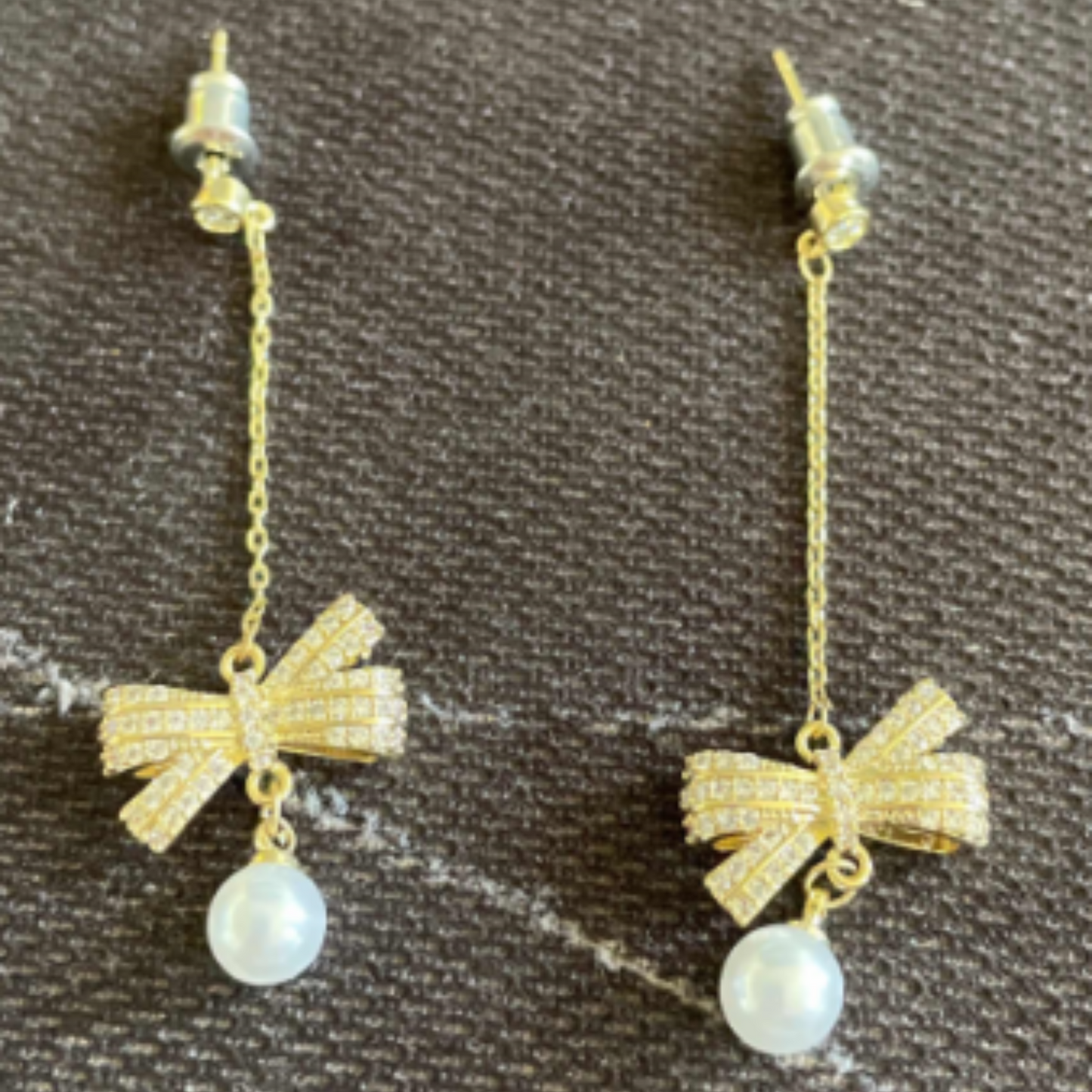 Women Crystal Bow with Pearl Drop Earrings in Gold Tone